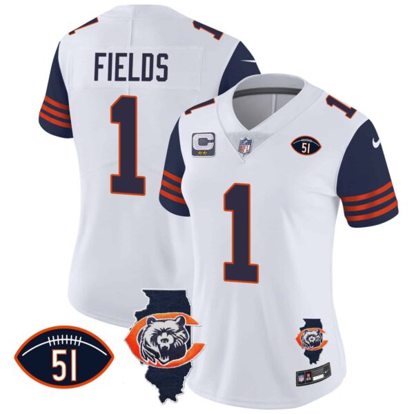Women’s Bears Throwback Illinois Patch Vapor Jersey – All Stitched – Navy Sleeves – Justin Fields