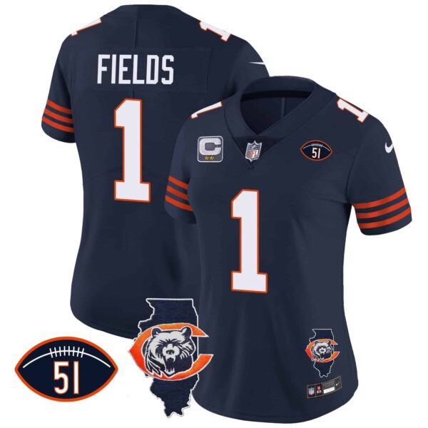 Women’s Bears Throwback Illinois Patch Vapor Jersey – All Stitched – Navy – Justin Fields