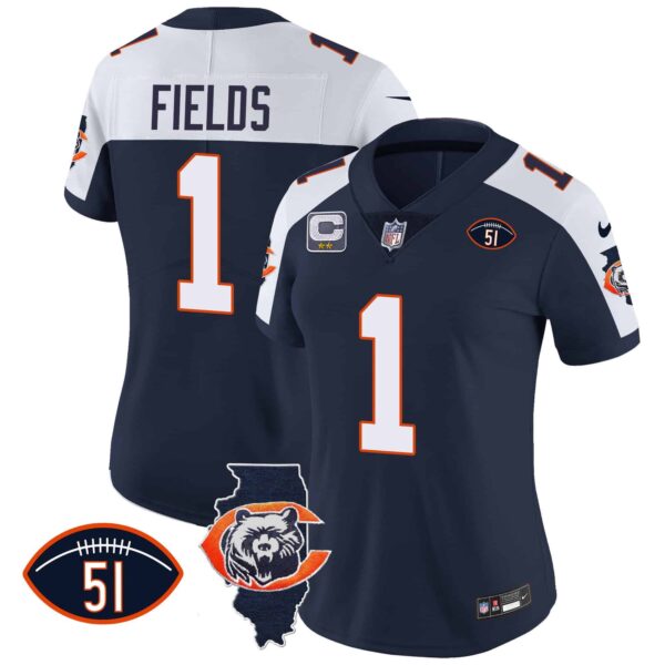Women’s Bears Throwback Illinois Patch Vapor Jersey – All Stitched – Navy Alternate – Justin Fields
