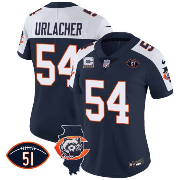 Women’s Bears Throwback Illinois Patch Vapor Jersey – All Stitched – Navy Alternate – Brian Urlacher