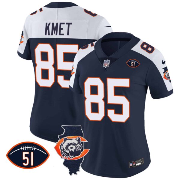 Women’s Bears Throwback Illinois Patch Vapor Jersey – All Stitched – Navy Alternate – Cole Kmet