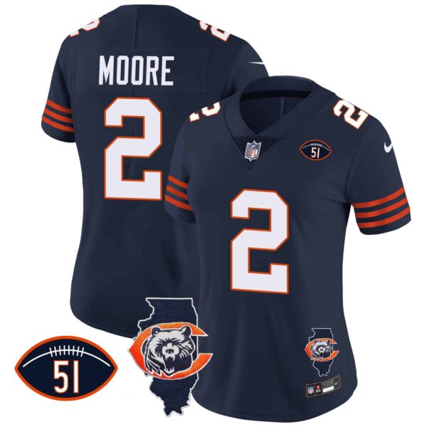 Women’s Bears Throwback Illinois Patch Vapor Jersey – All Stitched – Navy – D.J. Moore