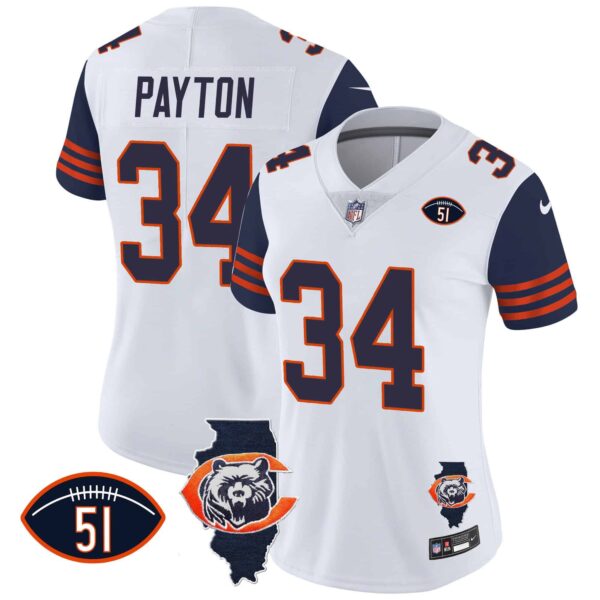 Women’s Bears Throwback Illinois Patch Vapor Jersey – All Stitched – Navy Sleeves – Walter Payton