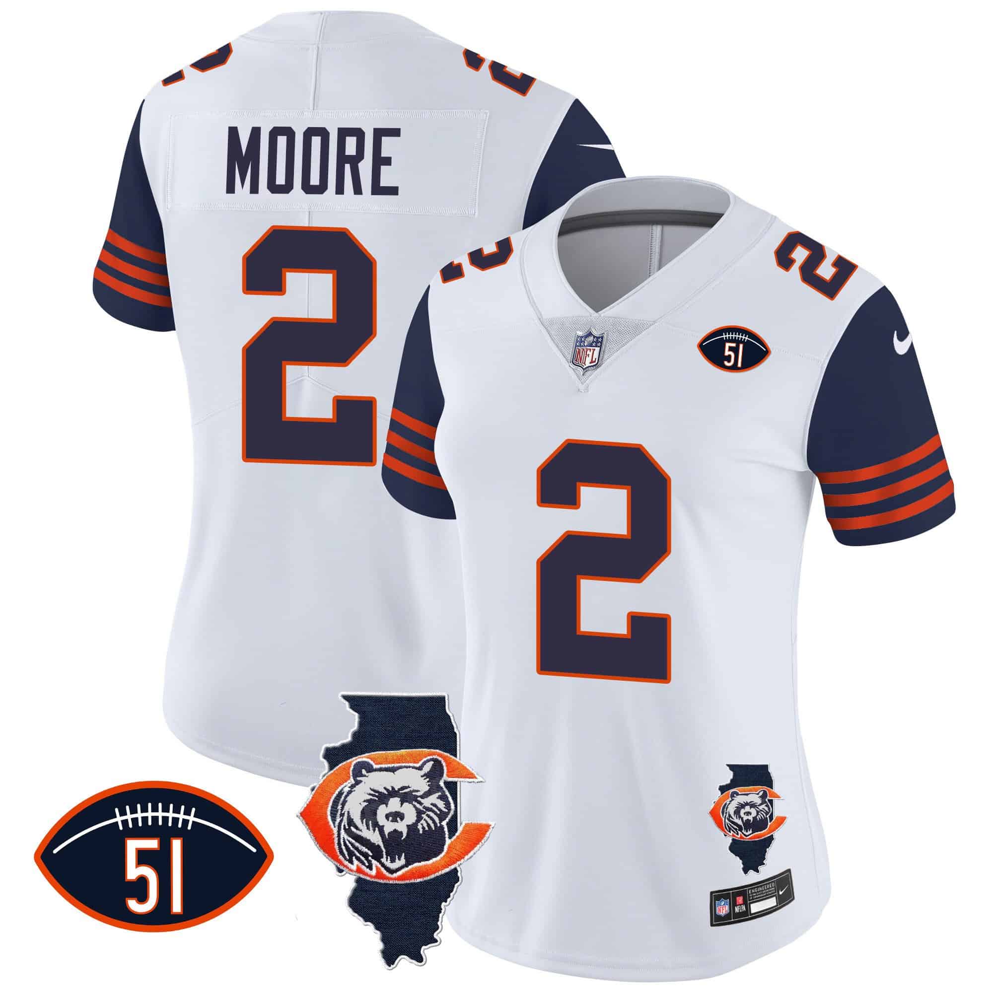 Women’s Bears Throwback Illinois Patch Vapor Jersey – All Stitched – Navy Sleeves – D.J. Moore