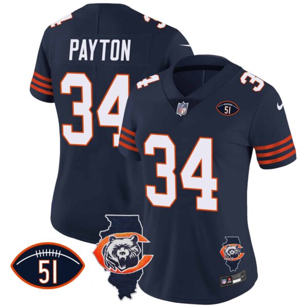Women’s Bears Throwback Illinois Patch Vapor Jersey – All Stitched – Navy – Walter Payton