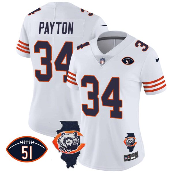 Women’s Bears Throwback Illinois Patch Vapor Jersey – All Stitched – White – Walter Payton