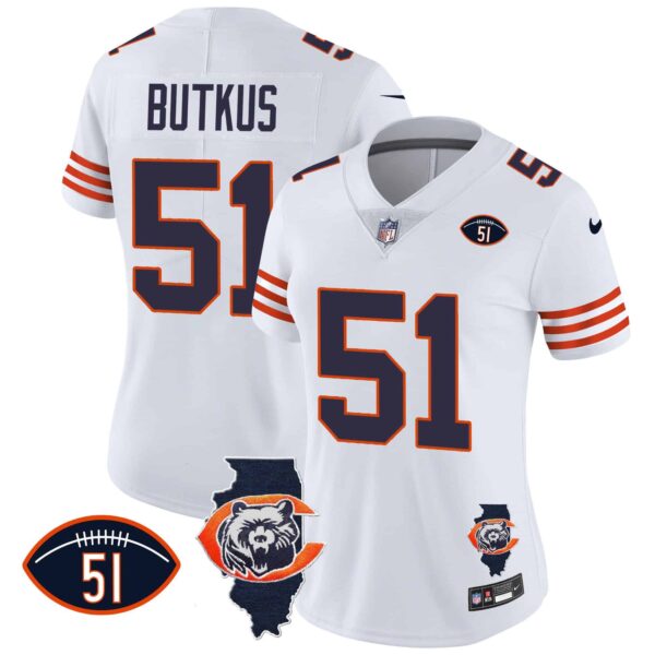 Women’s Bears Throwback Illinois Patch Vapor Jersey – All Stitched – White – Dick Butkus