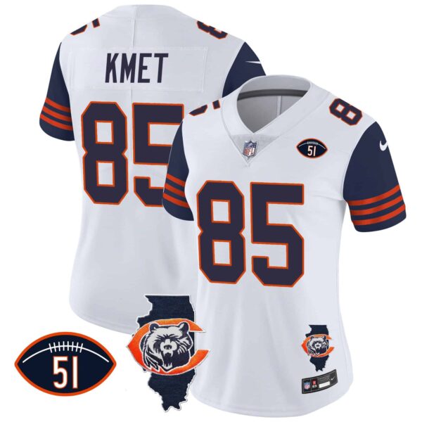 Women’s Bears Throwback Illinois Patch Vapor Jersey – All Stitched – Navy Sleeves – Cole Kmet