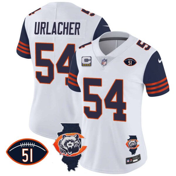 Women’s Bears Throwback Illinois Patch Vapor Jersey – All Stitched – Navy Sleeves – Brian Urlacher