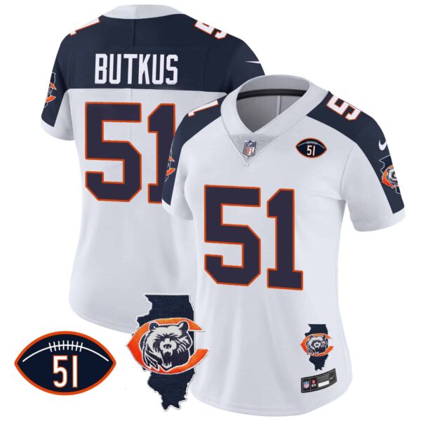 Women’s Bears Throwback Illinois Patch Vapor Jersey – All Stitched – Inverted – Dick Butkus