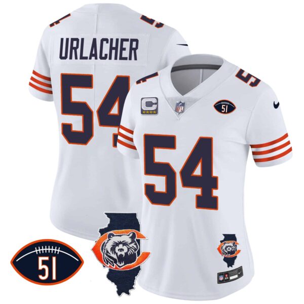Women’s Bears Throwback Illinois Patch Vapor Jersey – All Stitched – White – Brian Urlacher