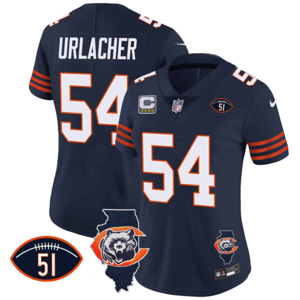 Women’s Bears Throwback Illinois Patch Vapor Jersey – All Stitched – Navy – Brian Urlacher