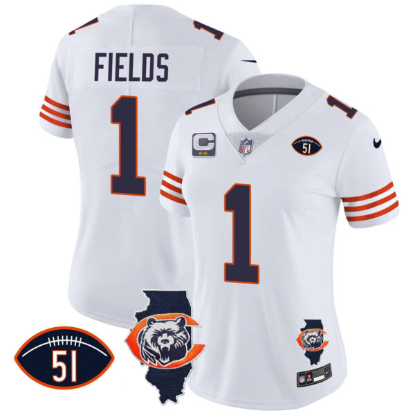 Women’s Bears Throwback Illinois Patch Vapor Jersey – All Stitched – White – Justin Fields