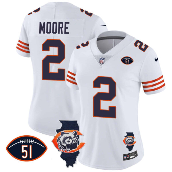 Women’s Bears Throwback Illinois Patch Vapor Jersey – All Stitched – White – D.J. Moore