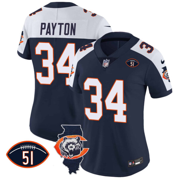 Women’s Bears Throwback Illinois Patch Vapor Jersey – All Stitched – Navy Alternate – Walter Payton