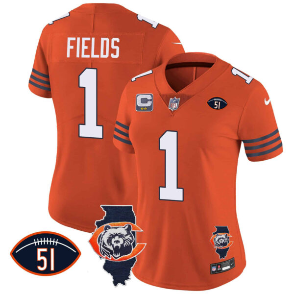 Women’s Bears Throwback Illinois Patch Vapor Jersey – All Stitched – Orange – Justin Fields