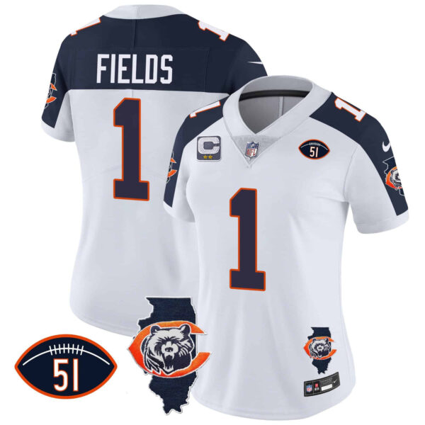 Women’s Bears Throwback Illinois Patch Vapor Jersey – All Stitched – Inverted – Justin Fields
