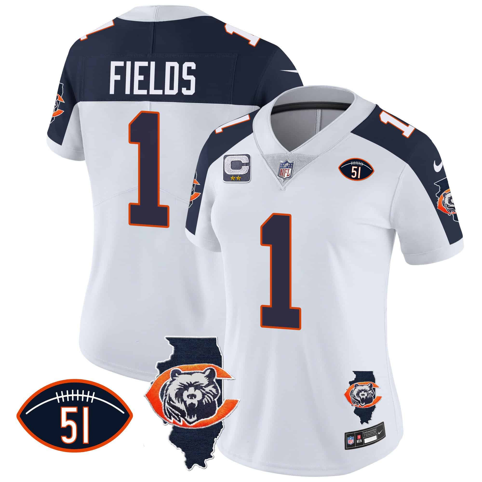 Women’s Bears Throwback Illinois Patch Vapor Jersey – All Stitched – Inverted – Justin Fields
