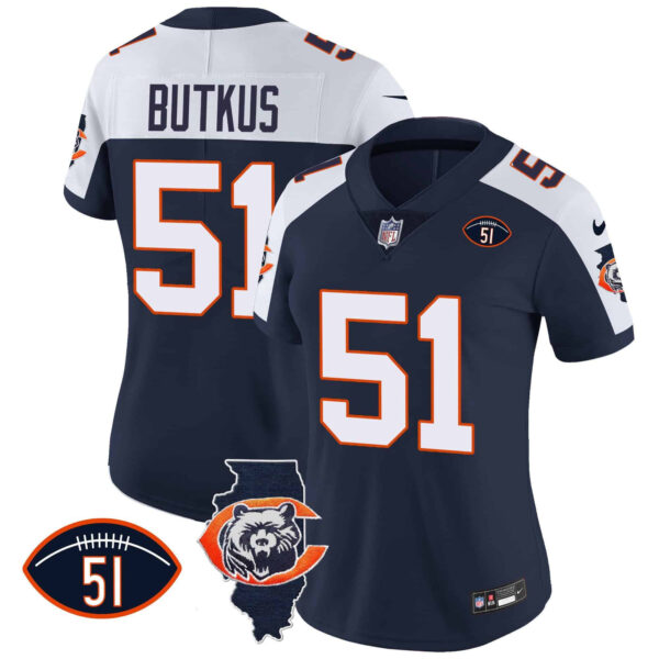 Women’s Bears Throwback Illinois Patch Vapor Jersey – All Stitched – Navy Alternate – Dick Butkus