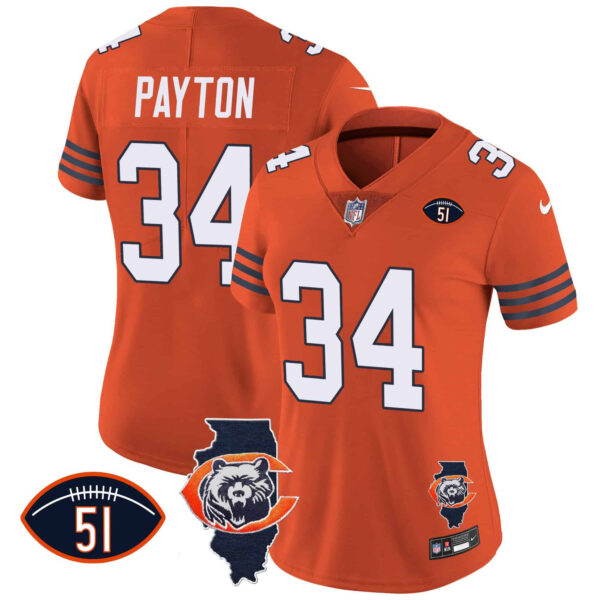 Women’s Bears Throwback Illinois Patch Vapor Jersey – All Stitched – Orange – Walter Payton