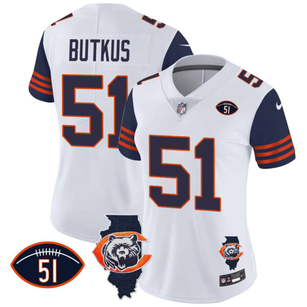 Women’s Bears Throwback Illinois Patch Vapor Jersey – All Stitched – Navy Sleeves – Dick Butkus