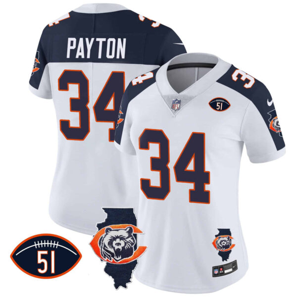 Women’s Bears Throwback Illinois Patch Vapor Jersey – All Stitched – Inverted – Walter Payton