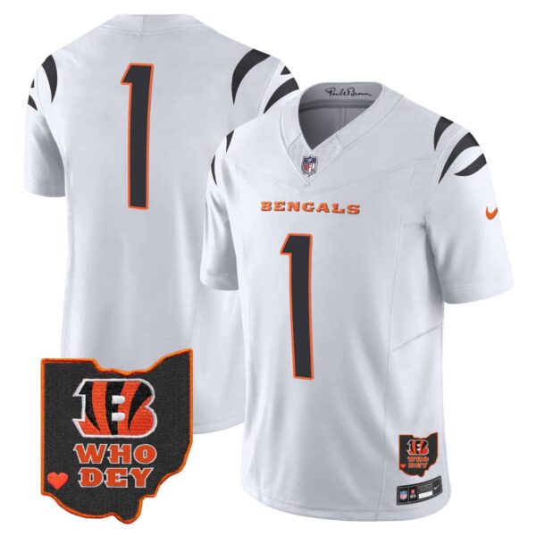 Men’s Bengals Ohio Patch Vapor Limited Jersey V2 – All Stitched – White – #1 Team