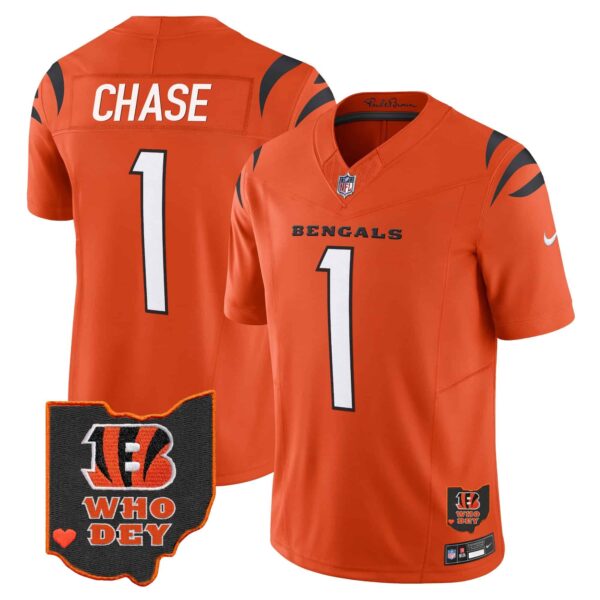 Men’s Bengals Ohio Patch Vapor Limited Jersey V2 – All Stitched – Orange – Ja’Marr Chase
