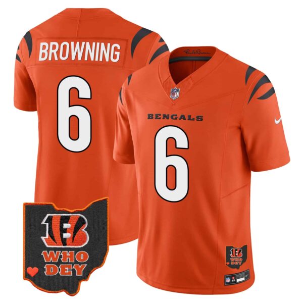 Men’s Bengals Ohio Patch Vapor Limited Jersey V2 – All Stitched – Orange – Jake Browning