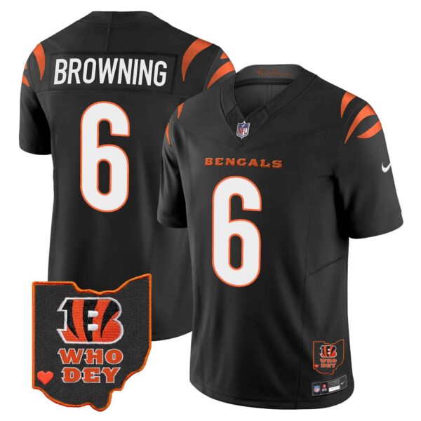 Men’s Bengals Ohio Patch Vapor Limited Jersey V2 – All Stitched – Black – Jake Browning