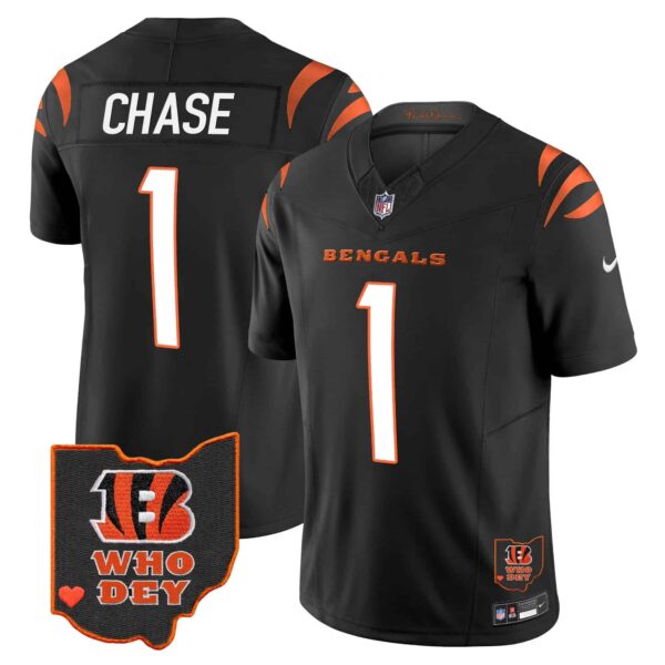 Men’s Bengals Ohio Patch Vapor Limited Jersey V2 – All Stitched – Black – Ja’Marr Chase