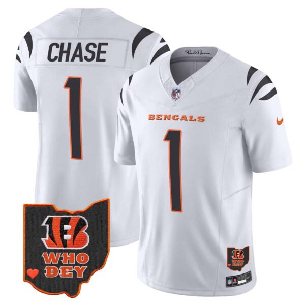 Men’s Bengals Ohio Patch Vapor Limited Jersey V2 – All Stitched – White – Ja’Marr Chase