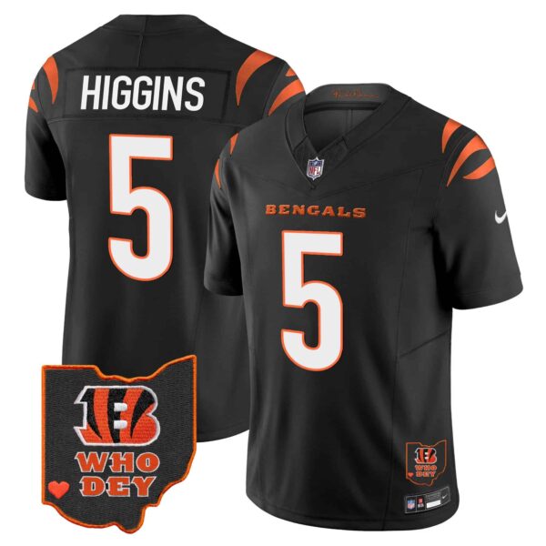 Men’s Bengals Ohio Patch Vapor Limited Jersey V2 – All Stitched – Black – Tee Higgins