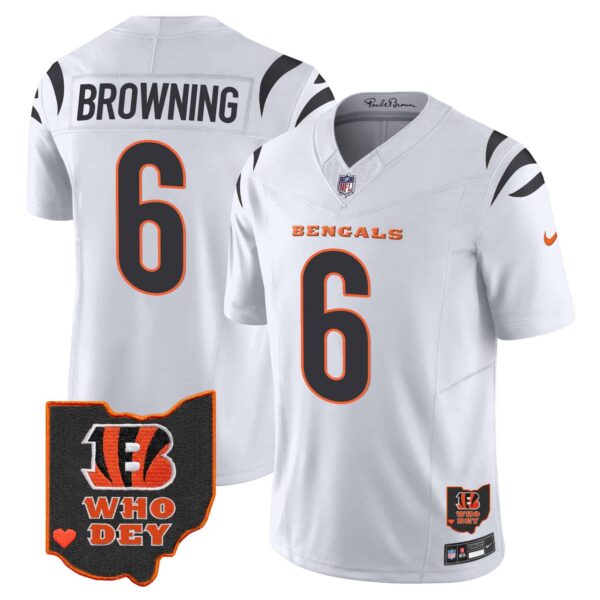 Men’s Bengals Ohio Patch Vapor Limited Jersey V2 – All Stitched – White – Jake Browning