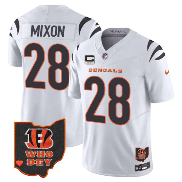 Men’s Bengals Ohio Patch Vapor Limited Jersey V2 – All Stitched – White – Joe Mixon