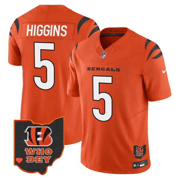 Men’s Bengals Ohio Patch Vapor Limited Jersey V2 – All Stitched – Orange – Tee Higgins