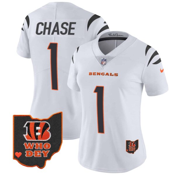Women’s Bengals Ohio Patch Vapor Limited Jersey V2 – All Stitched – White – Ja’Marr Chase