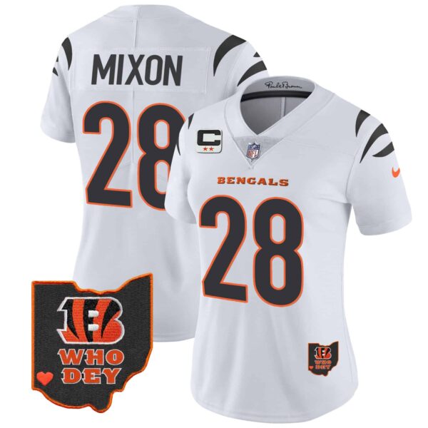 Women’s Bengals Ohio Patch Vapor Limited Jersey V2 – All Stitched – White – Joe Mixon