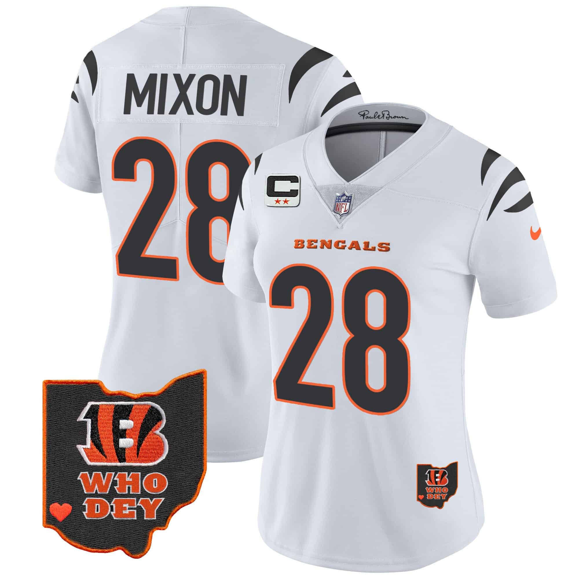 Women’s Bengals Ohio Patch Vapor Limited Jersey V2 – All Stitched – White – Joe Mixon