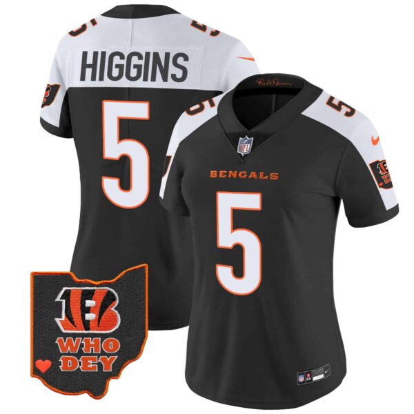 Women’s Bengals Ohio Patch Vapor Limited Jersey V2 – All Stitched – Alternate – Tee Higgins