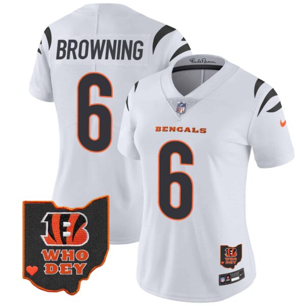 Women’s Bengals Ohio Patch Vapor Limited Jersey V2 – All Stitched – White – Jake Browning