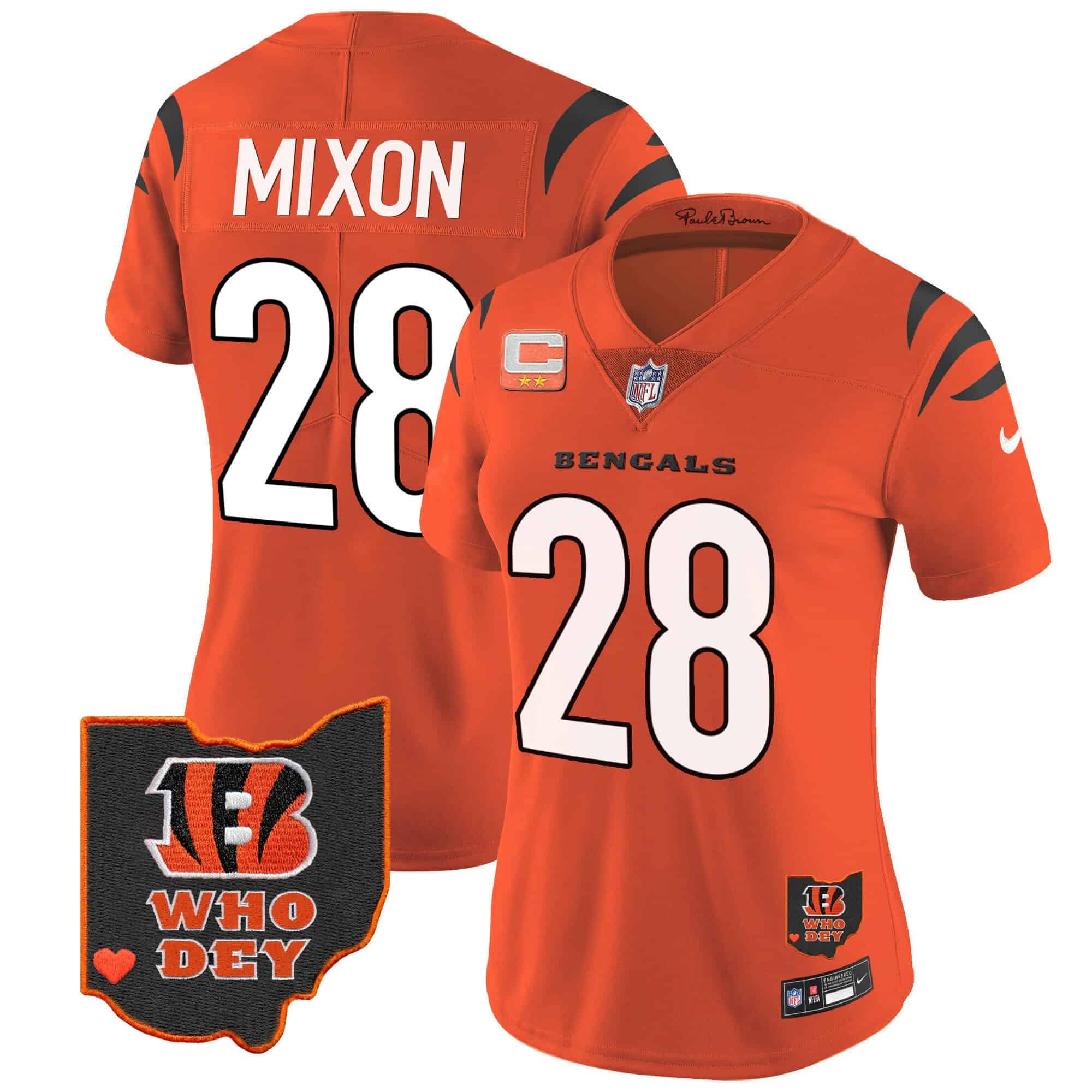 Women’s Bengals Ohio Patch Vapor Limited Jersey V2 – All Stitched – Orange – Joe Mixon