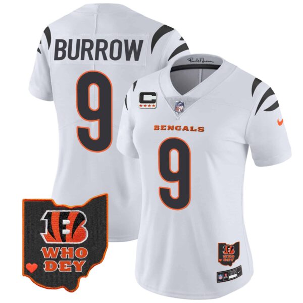 Women’s Bengals Ohio Patch Vapor Limited Jersey V2 – All Stitched – White – Joe Burrow