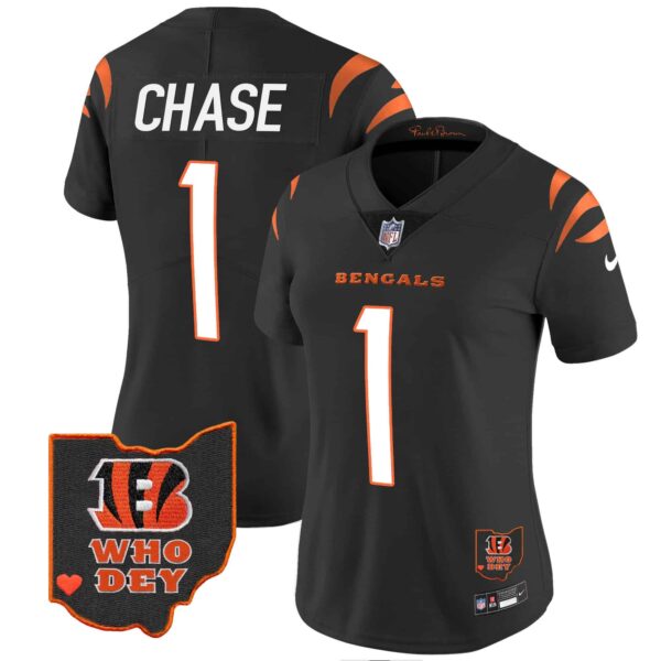 Women’s Bengals Ohio Patch Vapor Limited Jersey V2 – All Stitched – Black – Ja’Marr Chase