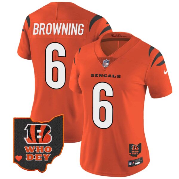 Women’s Bengals Ohio Patch Vapor Limited Jersey V2 – All Stitched – Orange – Jake Browning