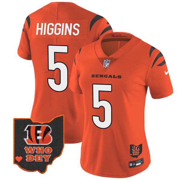 Women’s Bengals Ohio Patch Vapor Limited Jersey V2 – All Stitched – Orange – Tee Higgins