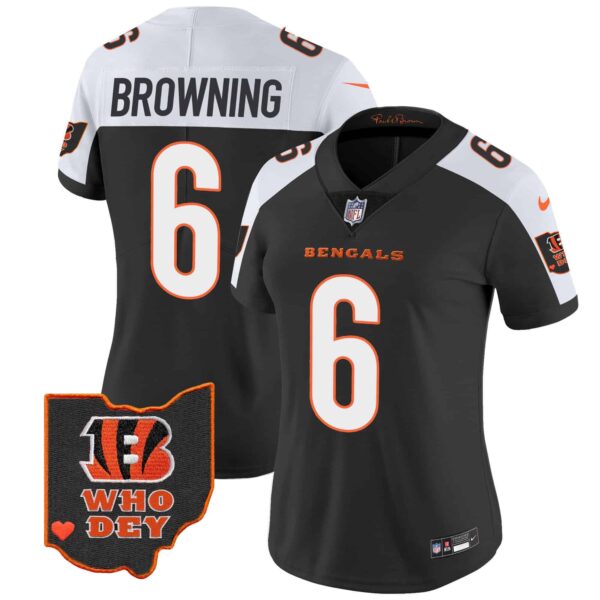 Women’s Bengals Ohio Patch Vapor Limited Jersey V2 – All Stitched – Alternate – Jake Browning