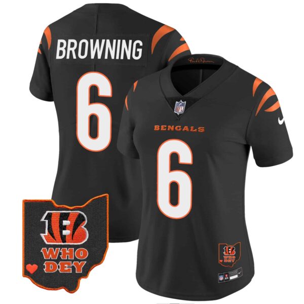 Women’s Bengals Ohio Patch Vapor Limited Jersey V2 – All Stitched – Black – Jake Browning