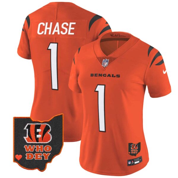 Women’s Bengals Ohio Patch Vapor Limited Jersey V2 – All Stitched – Orange – Ja’Marr Chase