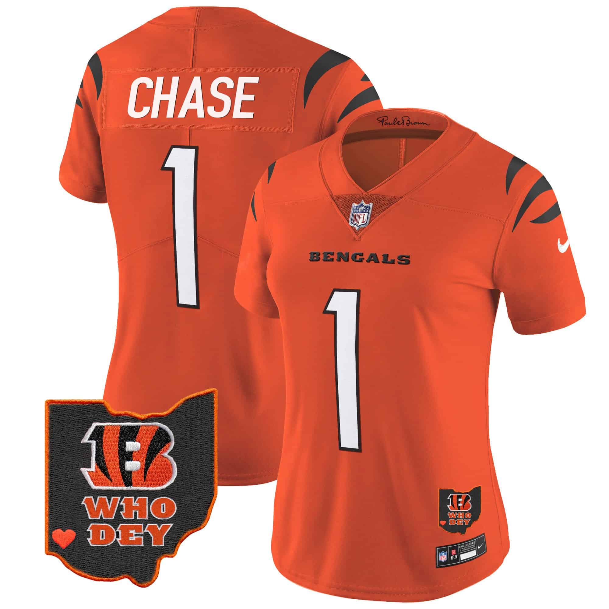 Women’s Bengals Ohio Patch Vapor Limited Jersey V2 – All Stitched – Orange – Ja’Marr Chase